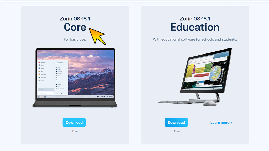 Zorin OS download page showing Core, and Education versions on the official website.