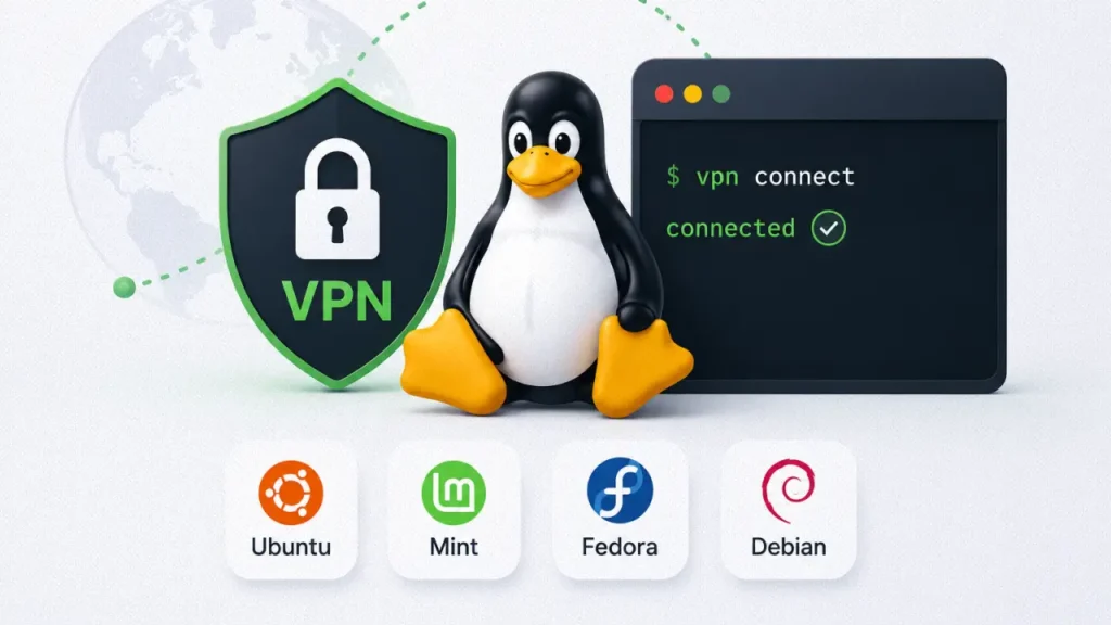 Linux VPN illustration with Ubuntu, Mint, Fedora, and Debian support