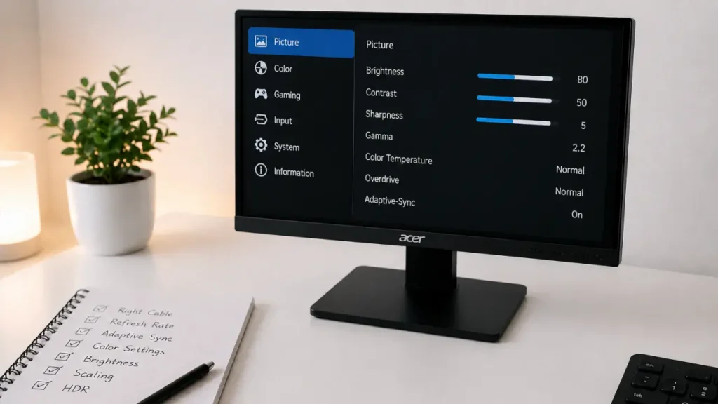 Acer monitor setup with display settings menu on a clean desktop workspace