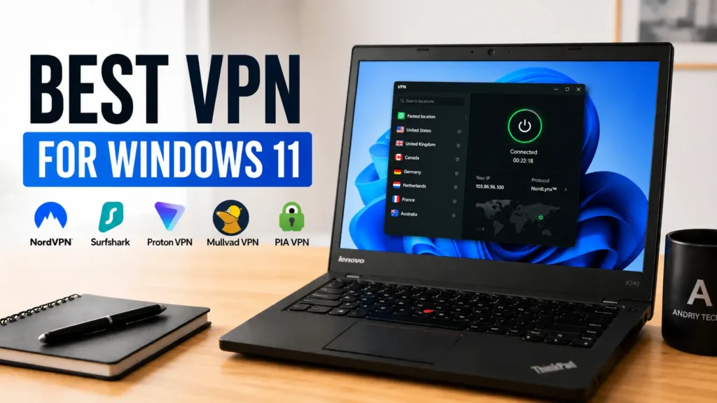 Best VPNs for Windows 11 shown on a Lenovo ThinkPad laptop with NordVPN, Surfshark, Proton VPN, Mullvad VPN, and PIA VPN logos