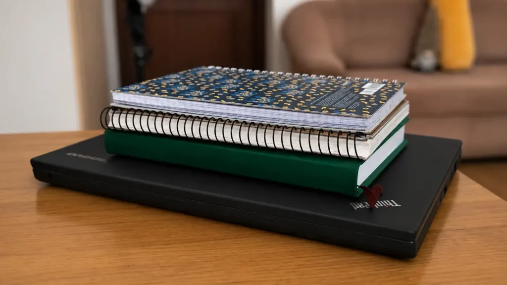 Heavy books placed on top of a ThinkPad laptop