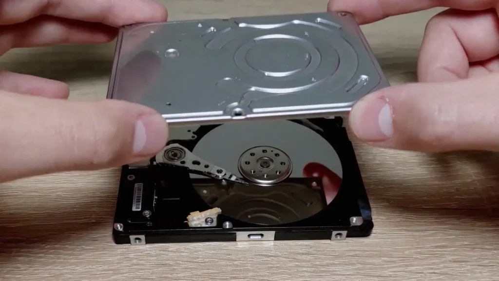 Opening the metal cover of a laptop hard drive