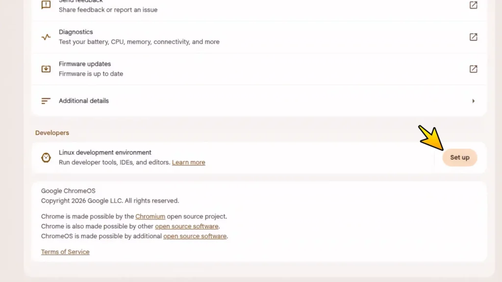 Linux development environment setup option inside Chrome OS Flex settings