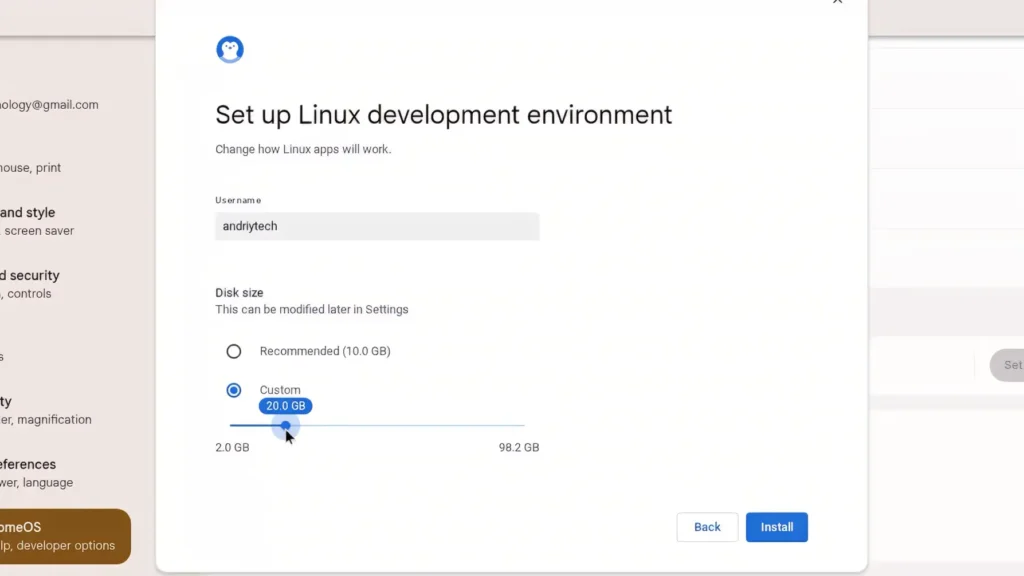 Allocating storage space for Linux environment in Chrome OS Flex
