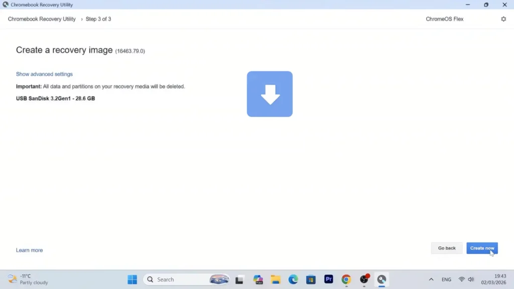 Creating a Chrome OS Flex recovery image using Chromebook Recovery Utility
