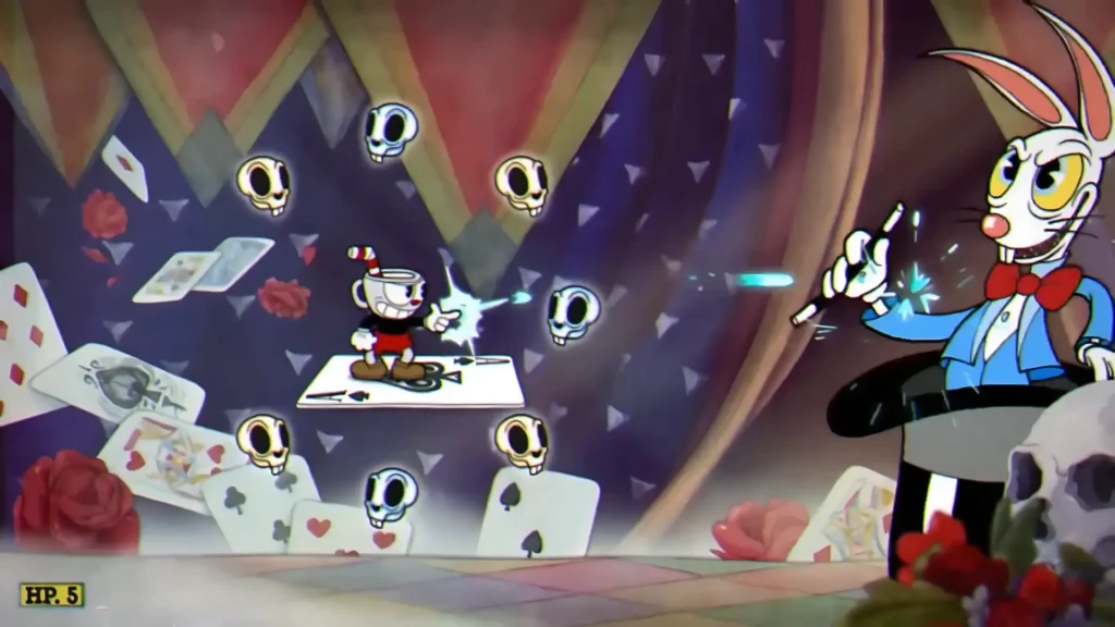 Cuphead boss fight with hand-drawn cartoon visuals