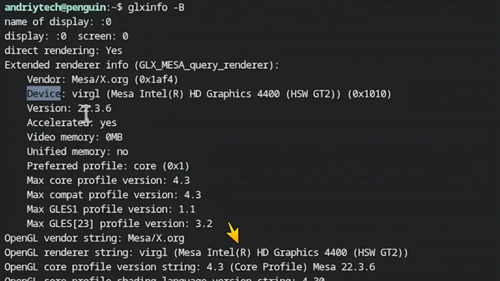 glxinfo output showing virgl GPU acceleration enabled on Chrome OS Flex