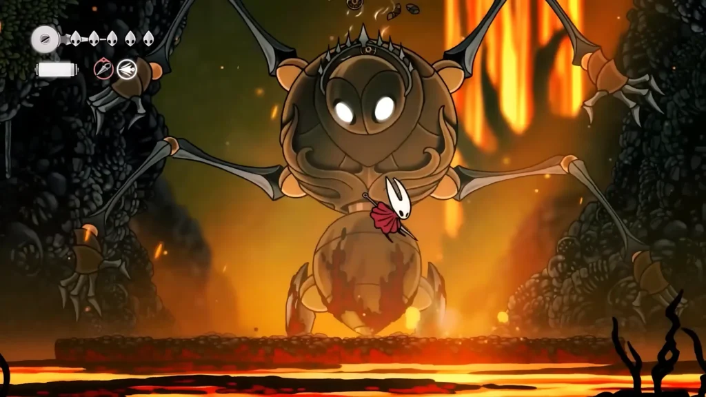 Boss fight in Hollow Knight with dark atmospheric visuals