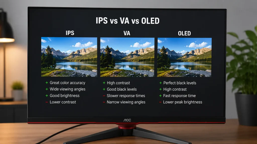 IPS vs VA vs OLED display panel comparison on a gaming monitor