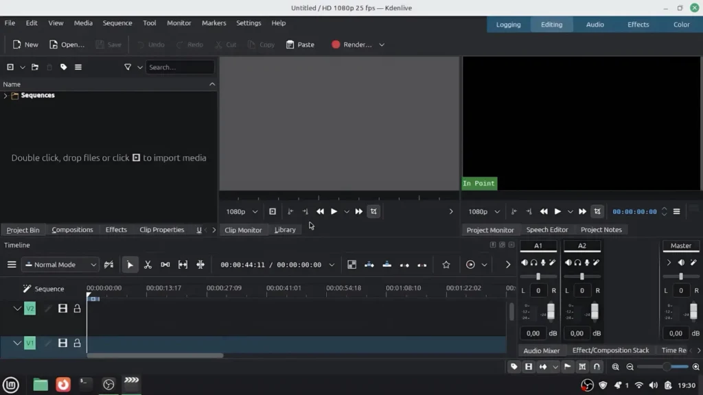 Kdenlive video editor running on Linux Mint