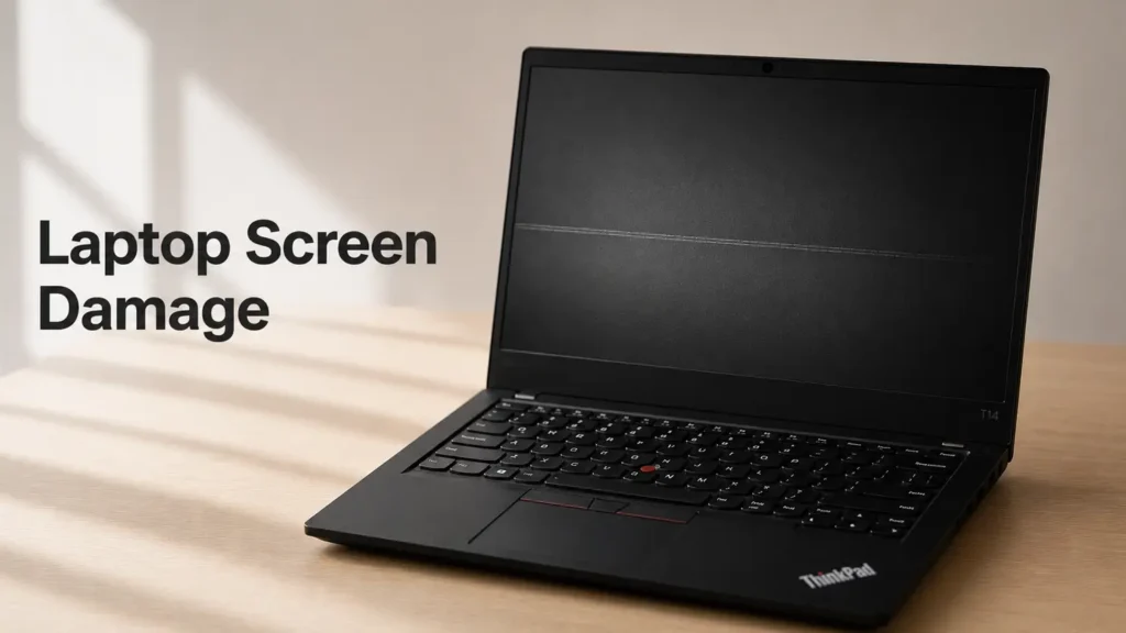 ThinkPad laptop with visible horizontal keyboard mark on the screen