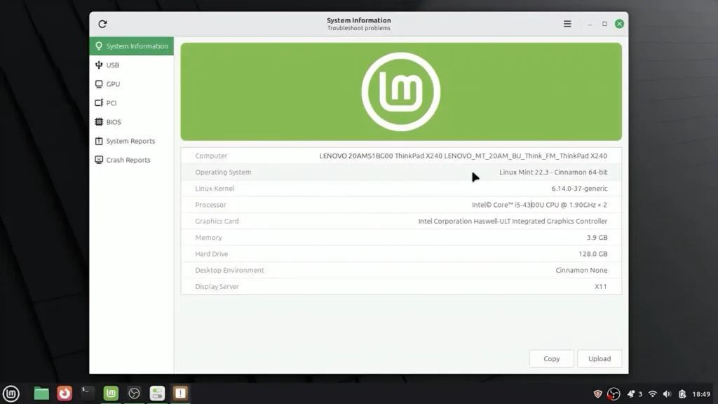 Linux Mint system information running on Lenovo ThinkPad X240