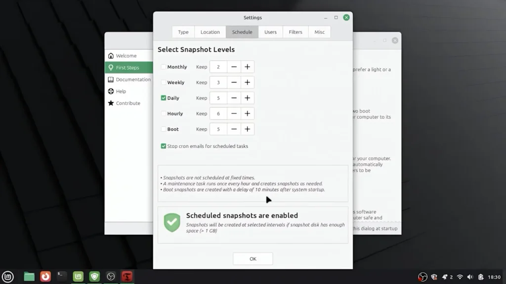 Timeshift snapshot schedule settings in Linux Mint