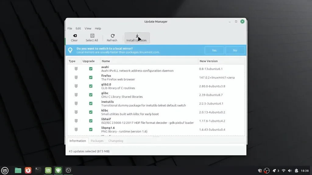 Linux Mint Update Manager installing system updates