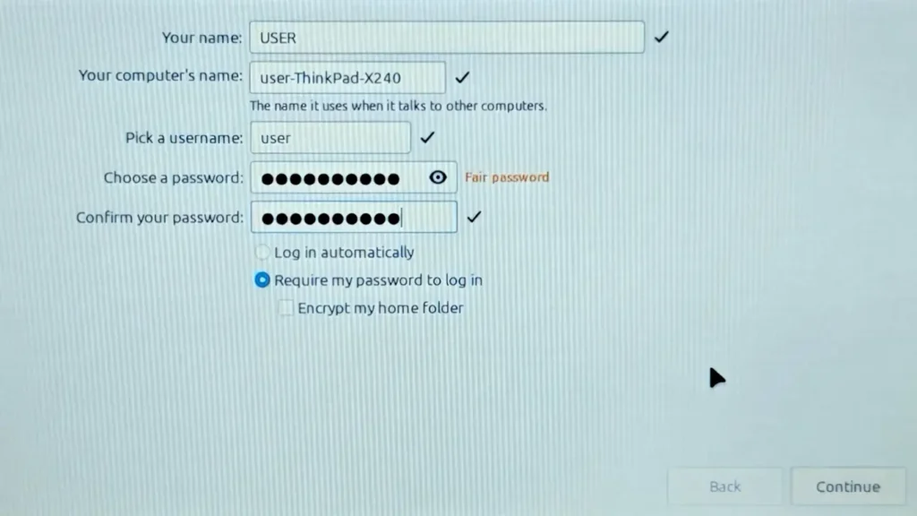 Linux Mint user account and password creation screen