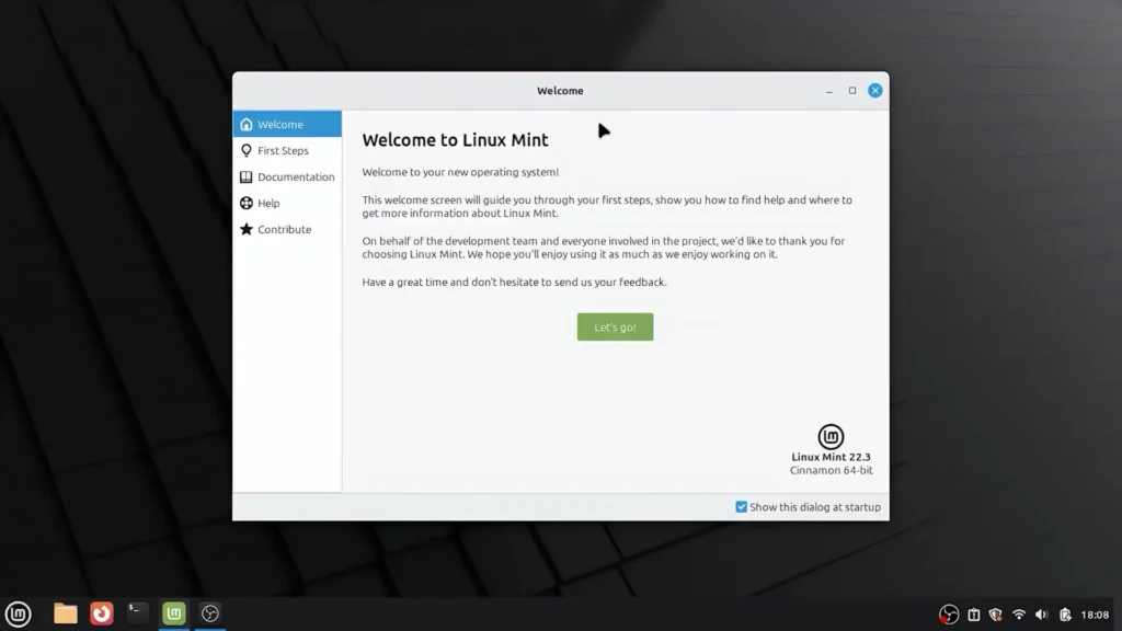 Linux Mint welcome screen after first login