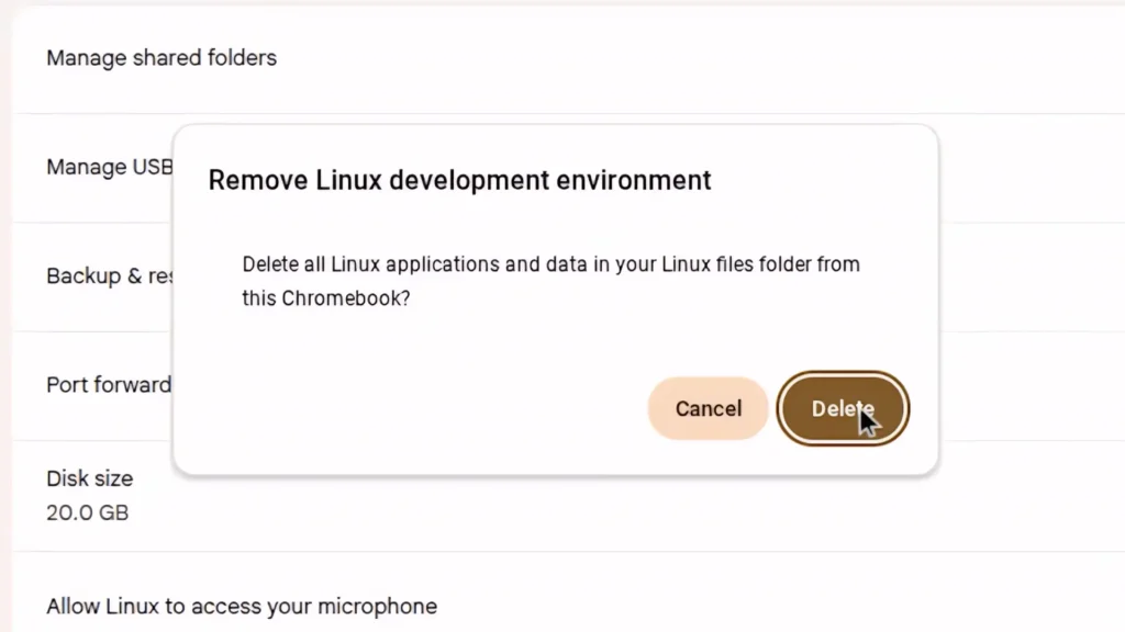 Removing Linux development environment from Chrome OS Flex