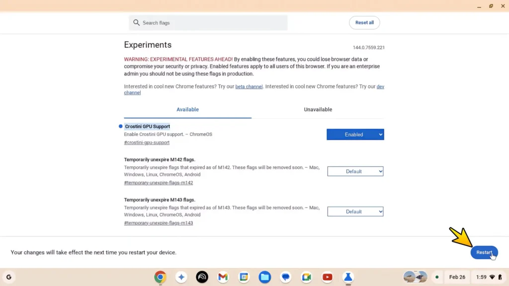 Restarting Chrome OS Flex after enabling Crostini GPU Support