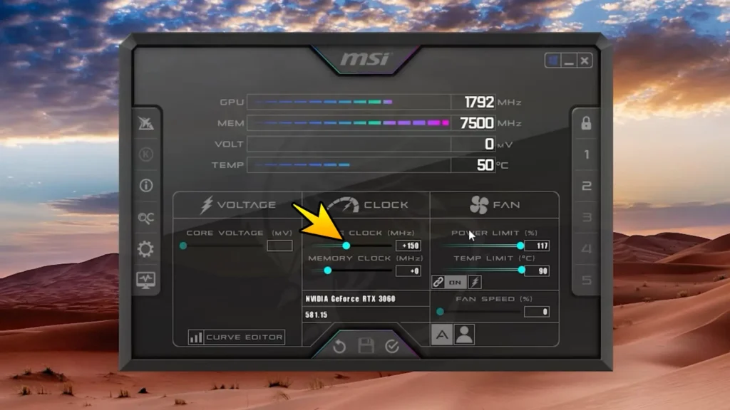 MSI Afterburner core clock setting for RTX 3060 overclocking