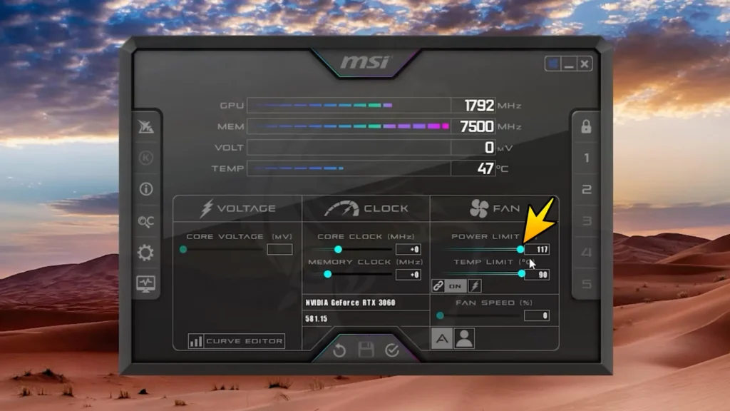 MSI Afterburner power limit settings for RTX 3060 GPU overclocking
