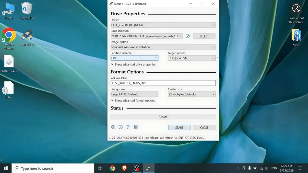 Rufus settings for creating Windows 11 IoT LTSC bootable USB