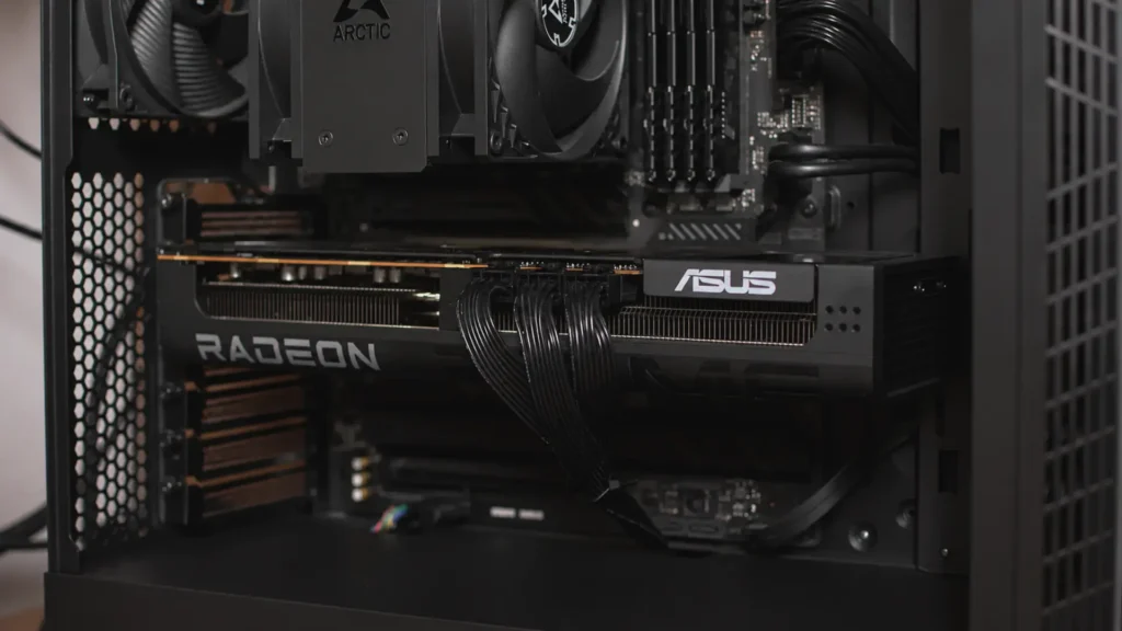 RX 9070 XT installed inside a desktop gaming PC