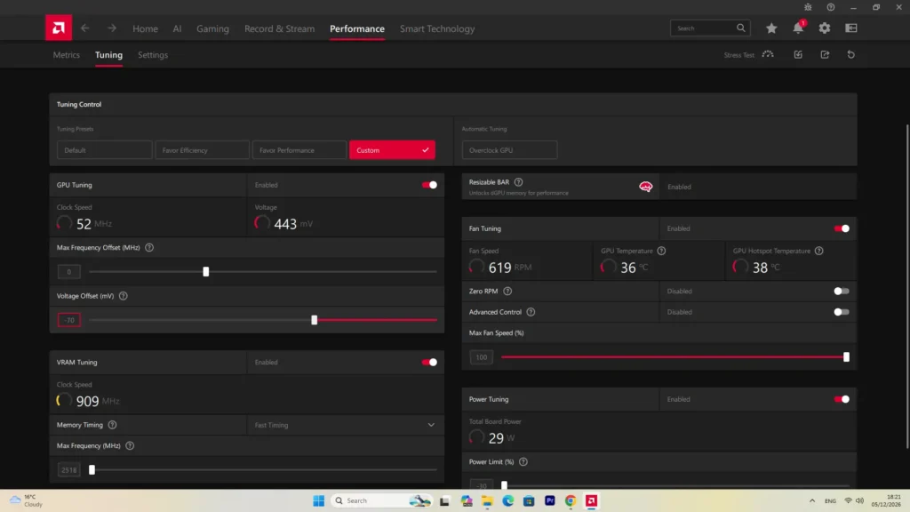 AMD Adrenalin undervolting settings for the RX 9070 XT