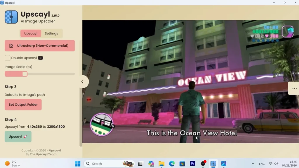 Upscayl interface showing the Ultrasharp AI model used to upscale a GTA Vice City screenshot