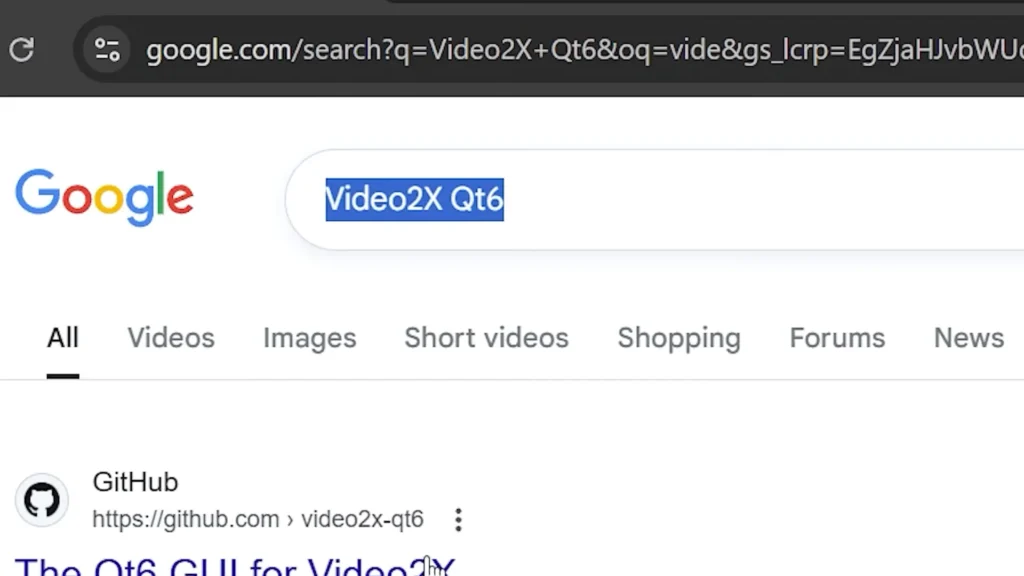 Searching for Video2X Qt6 GitHub page in Google