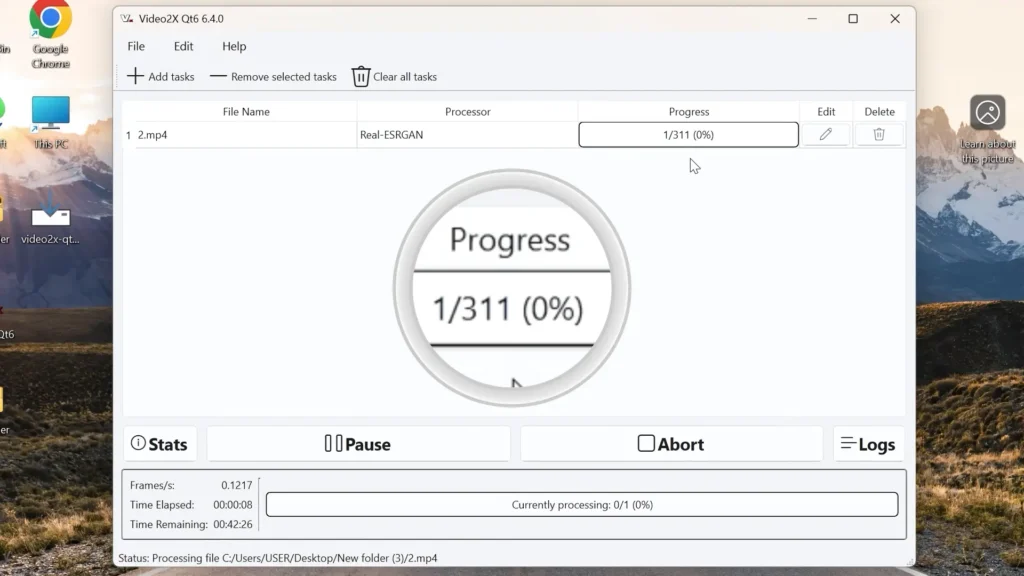 Video upscaling progress inside Video2X