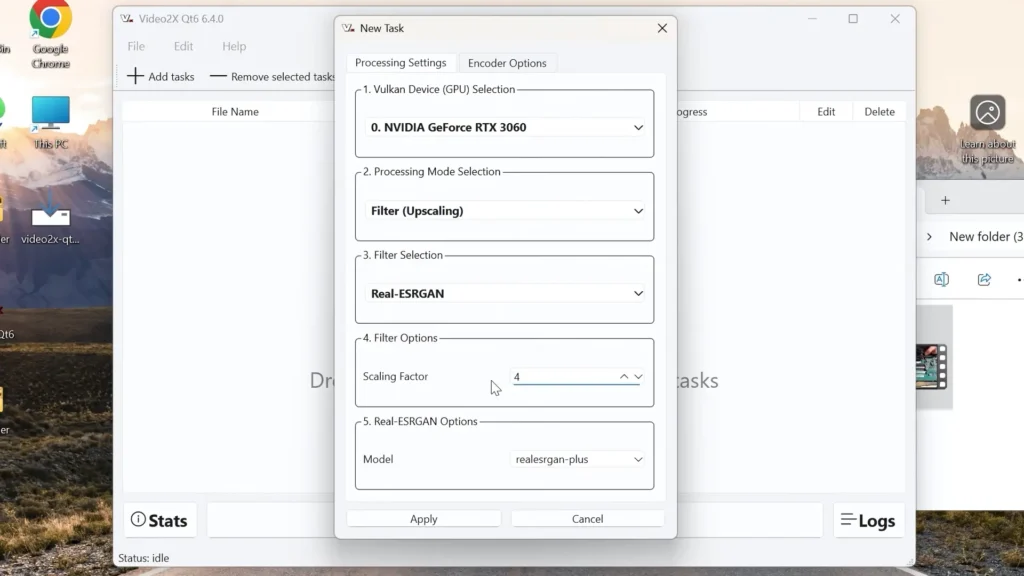 RealESRGAN AI upscaling settings in Video2X