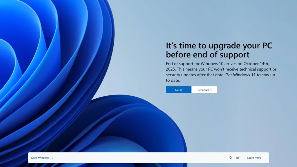 Microsoft support page showing Windows 10 end of support date in 2025
