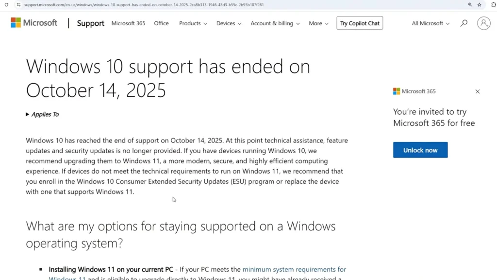 Microsoft page showing Windows 10 end of support information