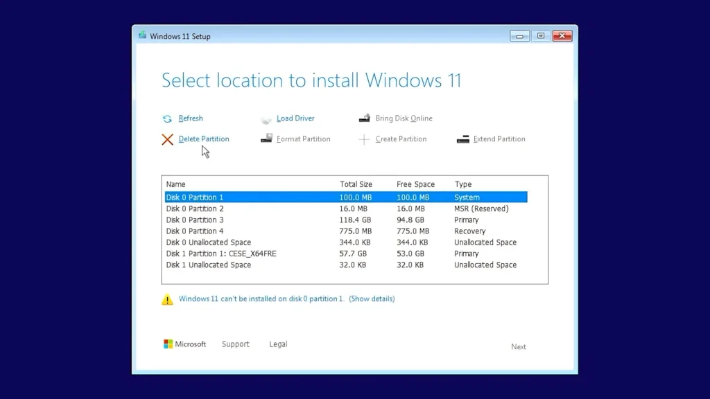 Windows 11 installation disk partition selection screen