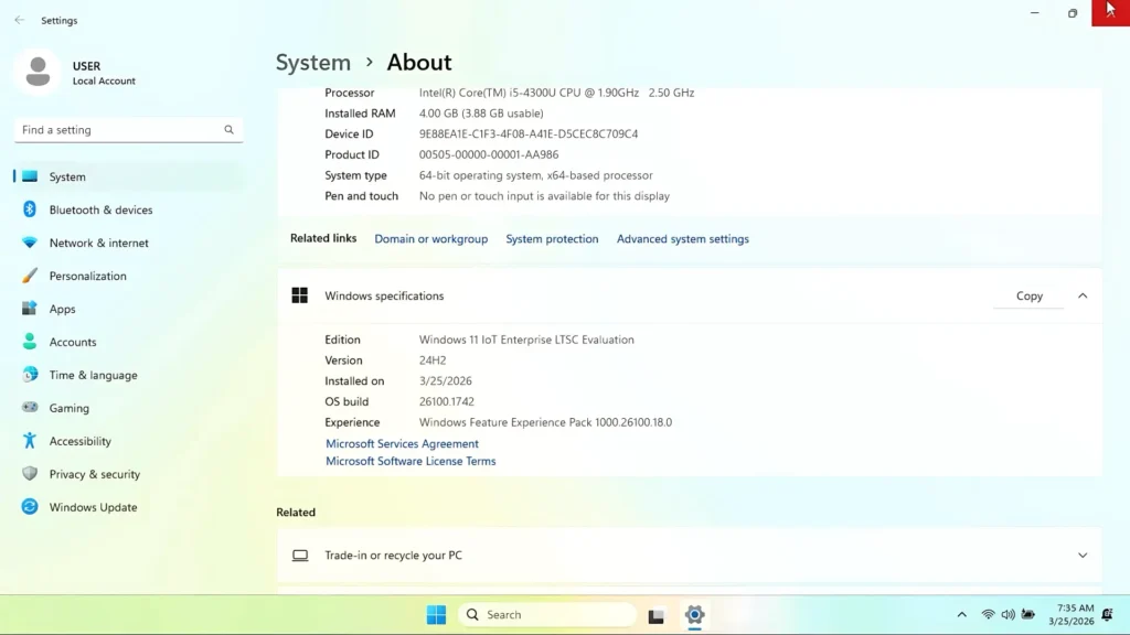 Windows 11 IoT Enterprise LTSC running on an older laptop