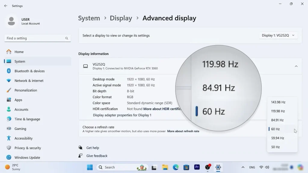 Changing monitor refresh rate in Windows 11 advanced display settings