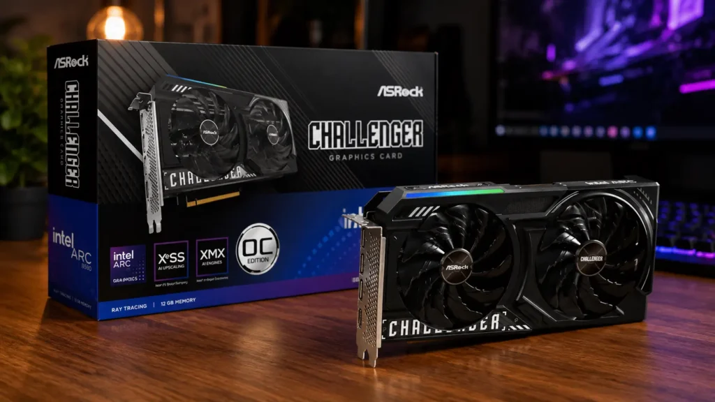 ASRock Intel Arc B580 Challenger graphics card and retail box on a desk