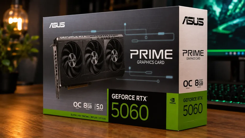 ASUS Prime GeForce RTX 5060 graphics card box on a desk