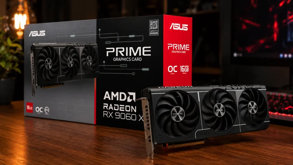 ASUS Prime Radeon RX 9060 XT graphics card and retail box on a desk