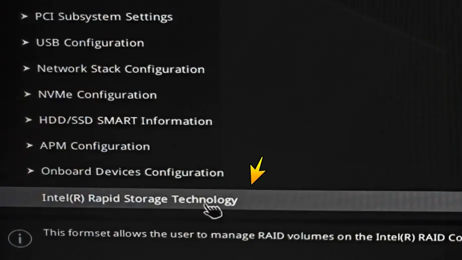 Intel Rapid Storage Technology option inside BIOS settings