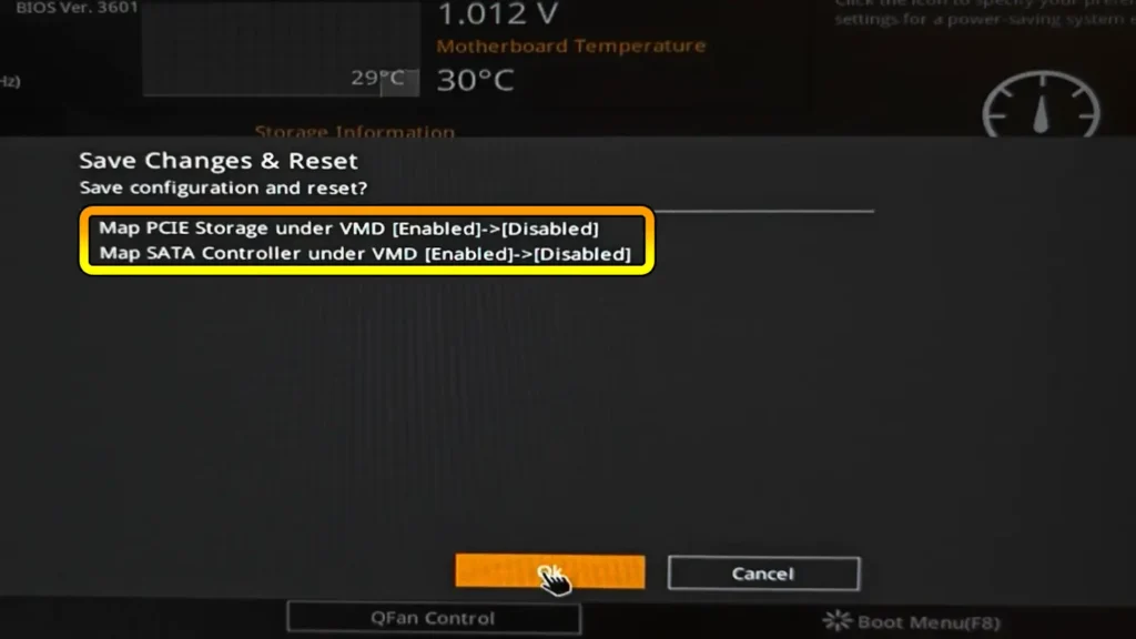 BIOS confirmation showing VMD and storage mapping disabled