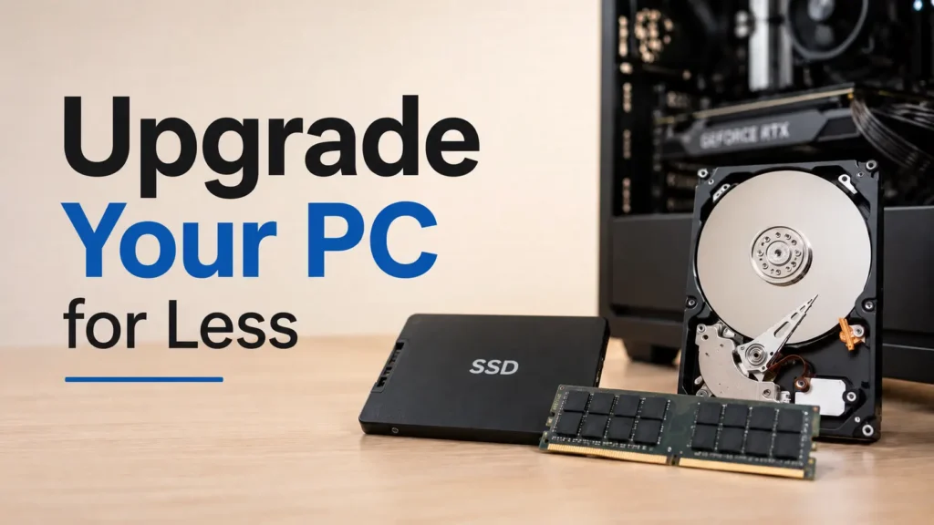 Budget PC upgrade featuring SSD, HDD, RAM and desktop computer components