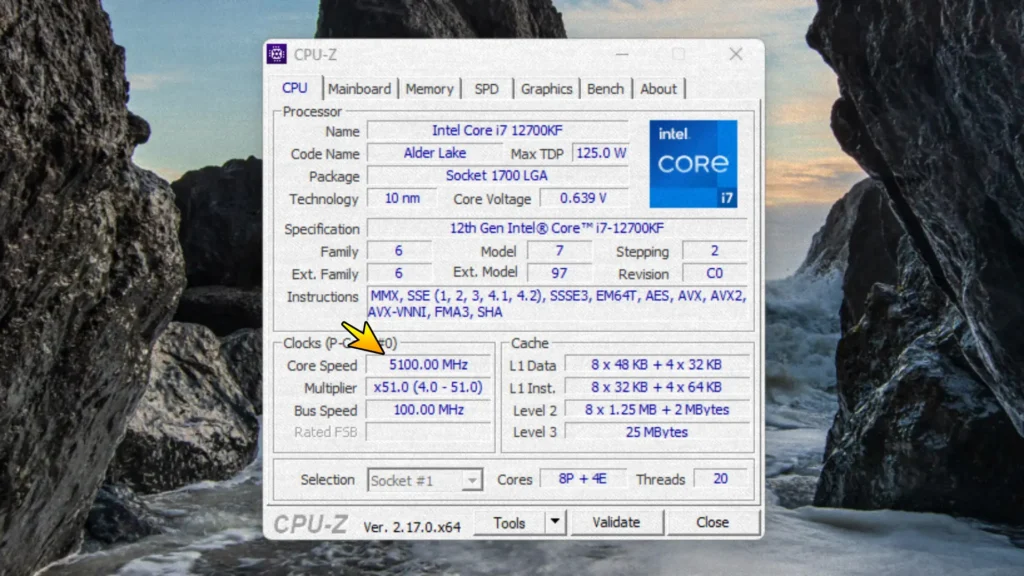 CPU-Z showing Intel Core i7 processor running at Turbo Boost frequency