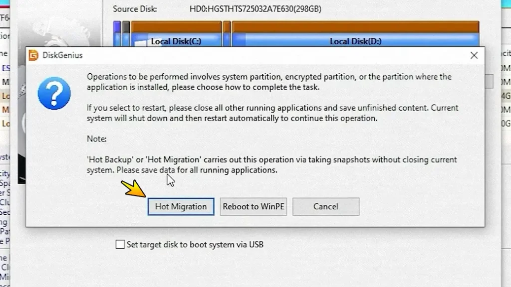 Selecting Hot Migration in DiskGenius