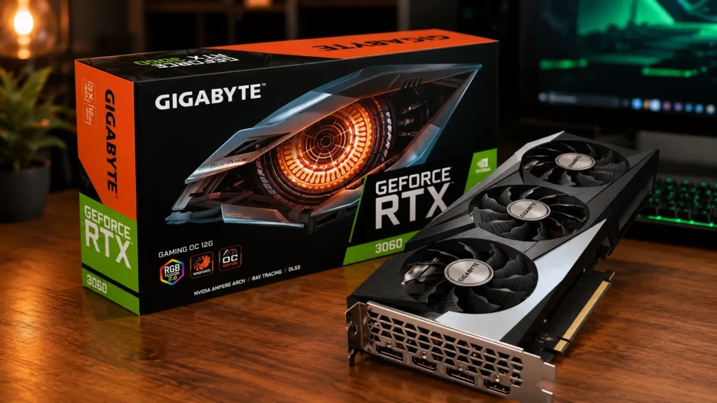 Gigabyte GeForce RTX 3060 graphics card and retail box on a desk
