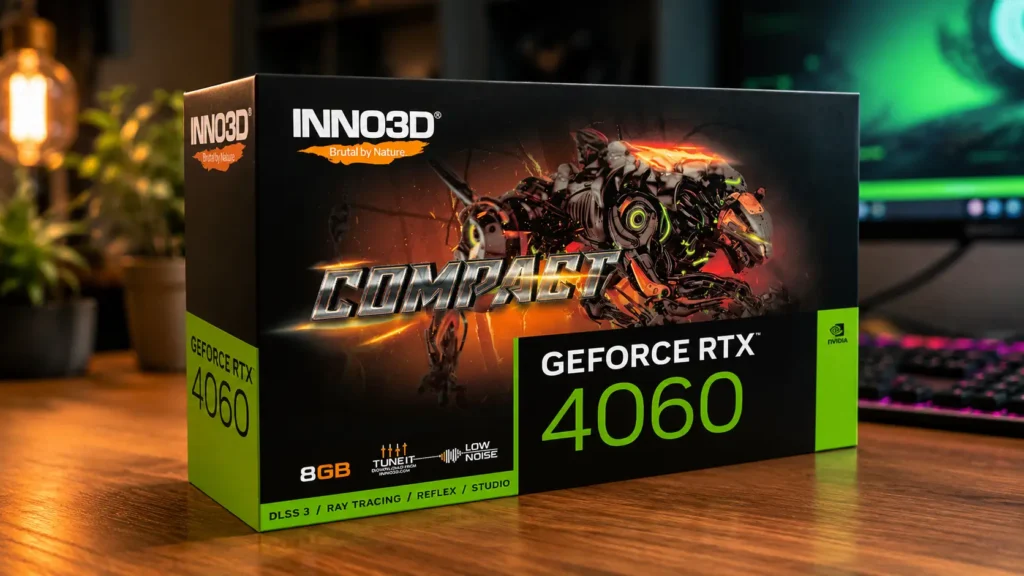 INNO3D GeForce RTX 4060 graphics card box on a wooden desk