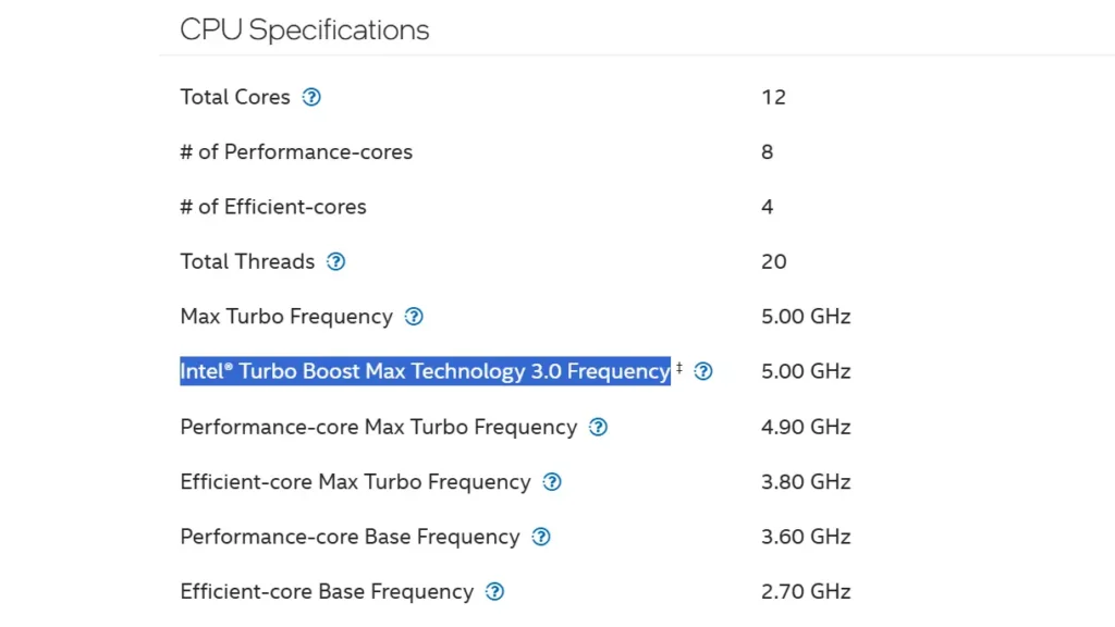 Intel processor specifications showing maximum Turbo Boost frequency