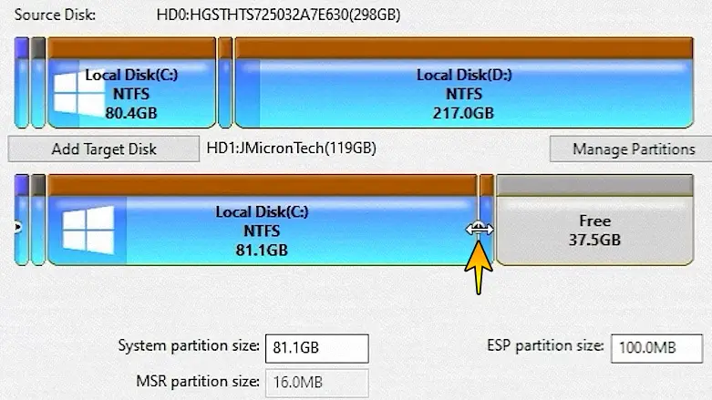 Adjusting partition size before migrating Windows to SSD