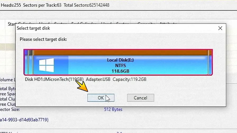 Selecting the destination SSD in DiskGenius