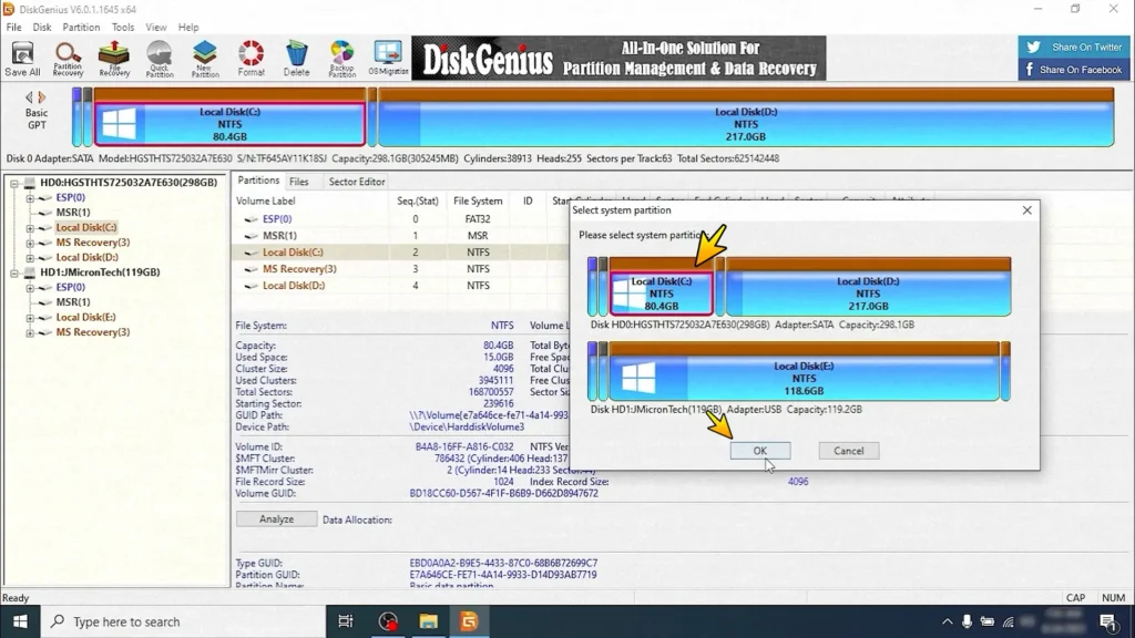 Selecting the Windows system partition in DiskGenius